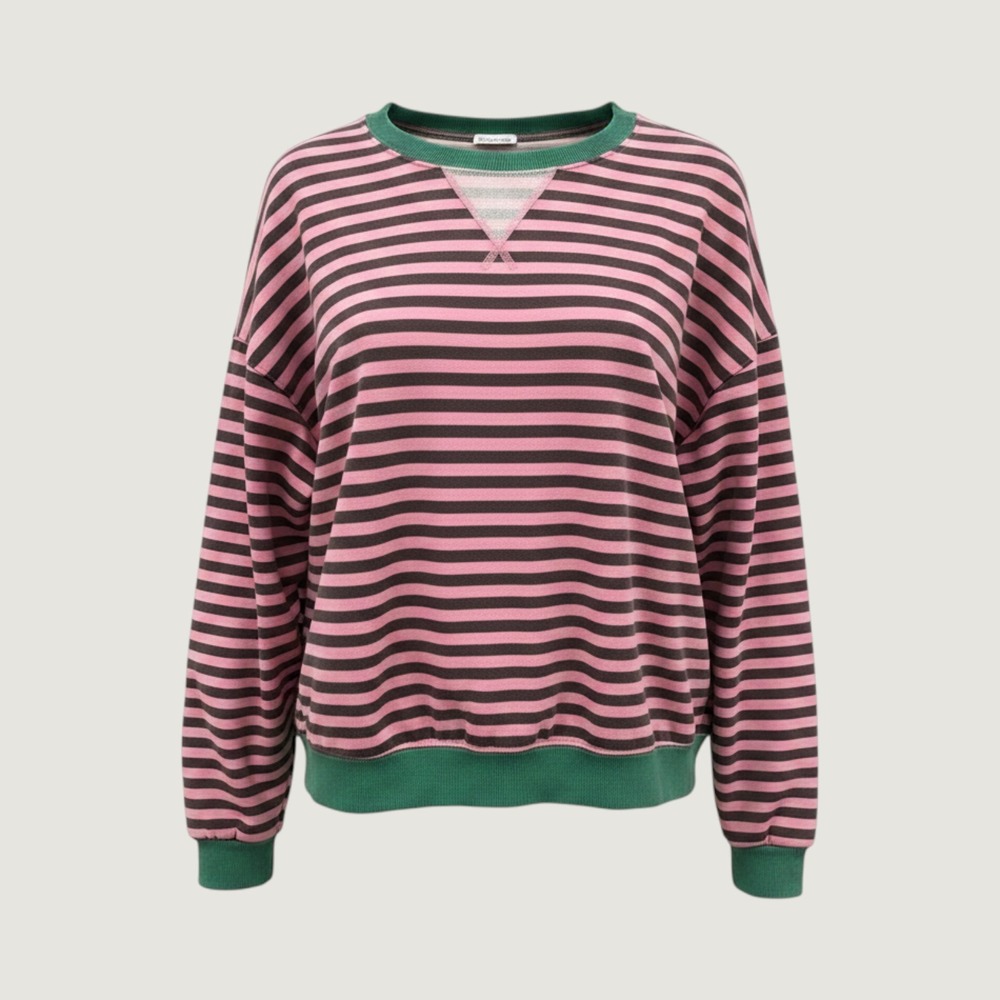 Unbranded Pink Grey Striped Sweatshirt Green Trim French Terry Crewneck Large